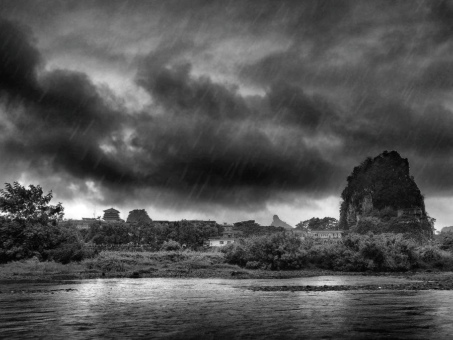 Lijiang River boat tour in the rain-ArtToPan-China Guilin scenery-Black and white photograph #1 Photograph by Artto Pan