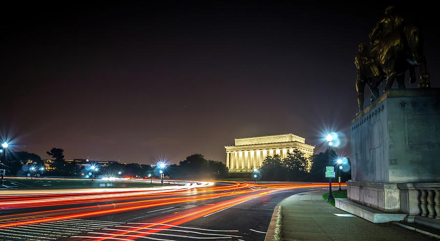 Lincoln Memorial Monument With Car Trails At Night #1 Photograph by Alex Grichenko