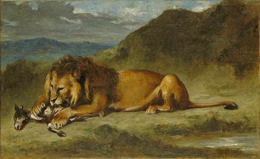 Lion Devouring a Goat #1 Painting by Eugene Delacroix