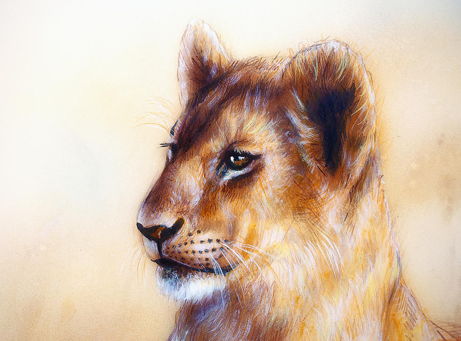 Little Lion Cub Head Animal Painting On Vintage Paper Abstract Color
