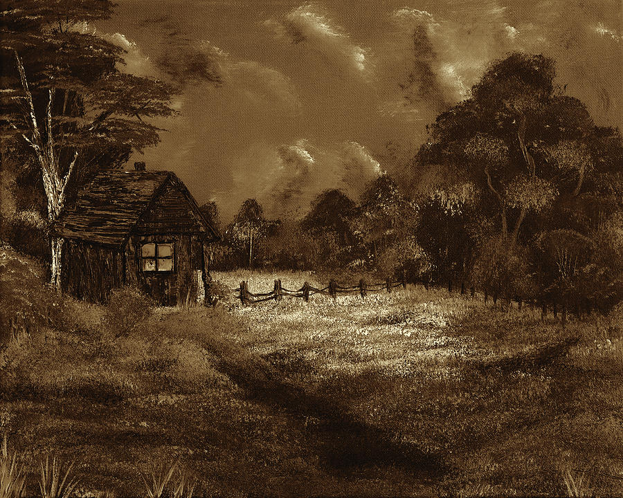 Little Pigs Barn In The Moonlight - Sepia #1 Painting by Claude Beaulac