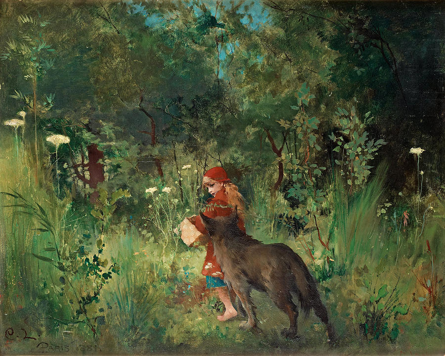 Little Red Riding Hood and the Wolf in the forest #2 Painting by Carl Larsson