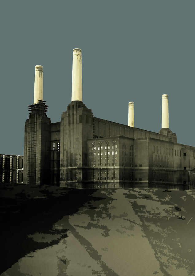 London - Battersea Power Station - Soft Blue Greys  Painting by Big Fat Arts