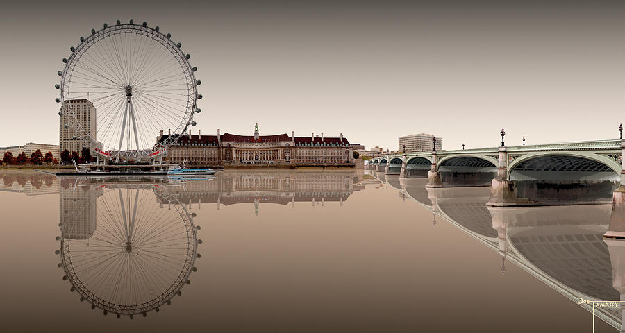 London Eye Westminster Bridge Reflection sepia Digital Art by Joe Tamassy