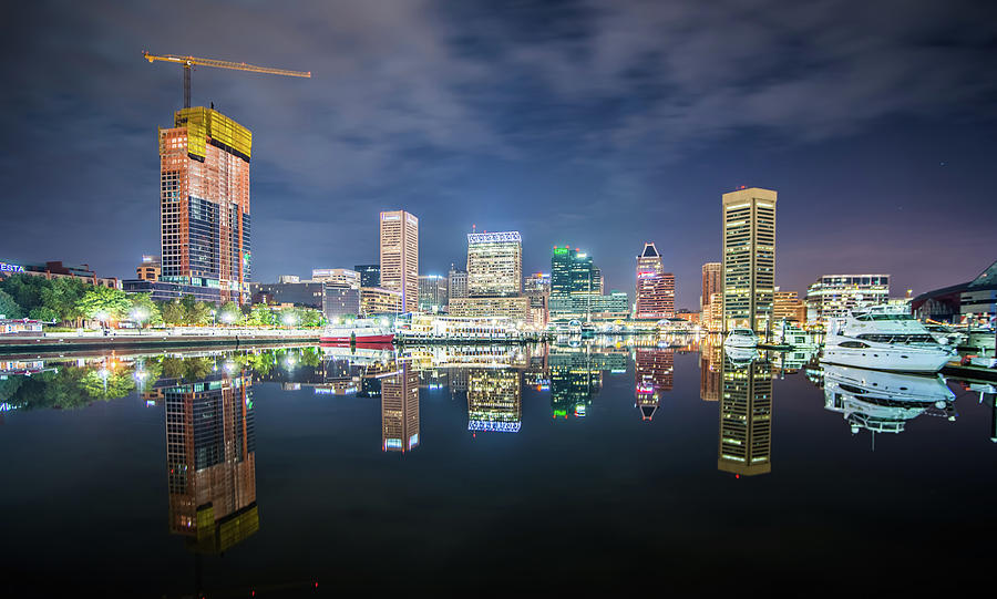 Long exposure of the colorful Baltimore skyline #1 Photograph by Alex Grichenko