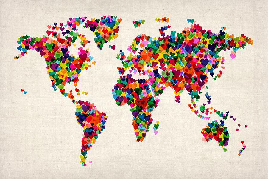 World Map Digital Art - Love Hearts Map of the World Map by Michael Tompsett