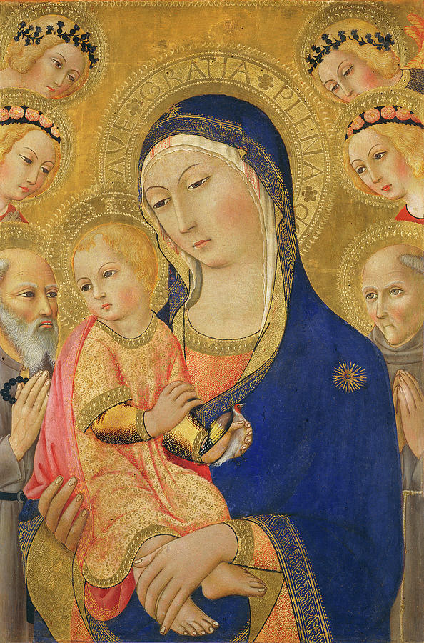Madonna and Child with Saint Jerome, Saint Bernardino, and Angels #1 Painting by Sano di Pietro