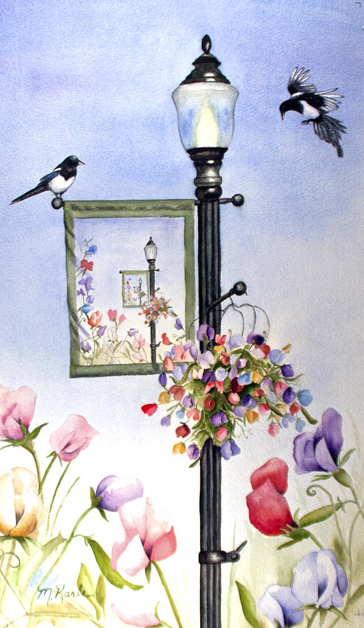 Magpies and Sweetpeas Painting by Marsha Karle