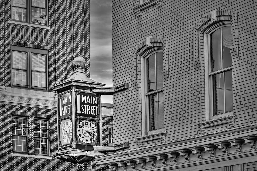 1 Main Street Clock BW Photograph by Susan Candelario
