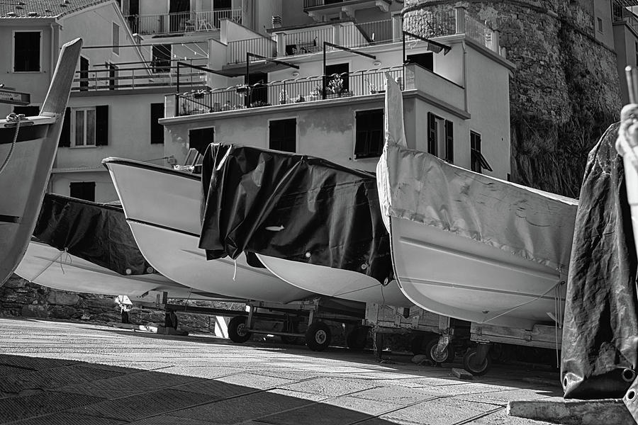 Manarola Boats Cinque Terre Italy BW II Photograph by Joan Carroll