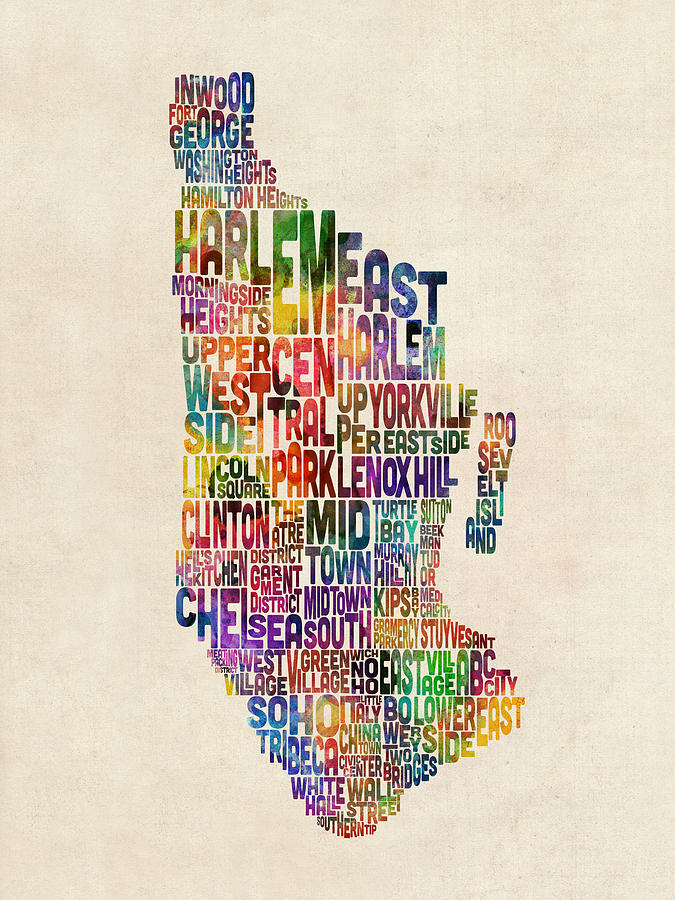Manhattan New York Typographic Map #1 Digital Art by Michael Tompsett