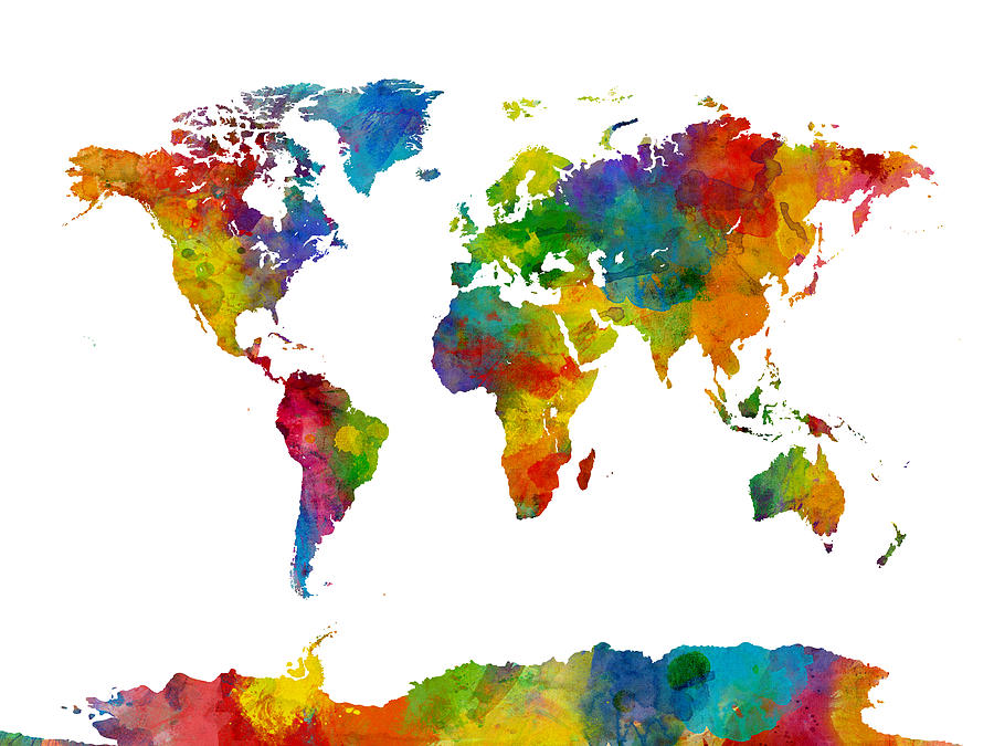 Map of the World Map Watercolor #1 Digital Art by Michael Tompsett