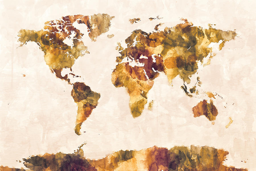 Map Digital Art - Map of the World Map Watercolor Painting #1 by Michael Tompsett