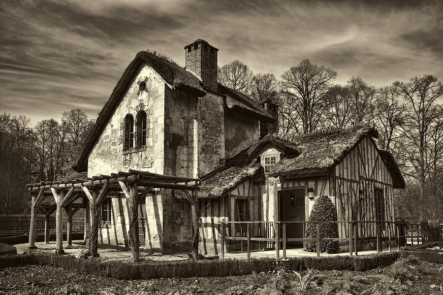 Black And White Photograph - Marie Antoinette Cottage in Versailles #1 by David Smith