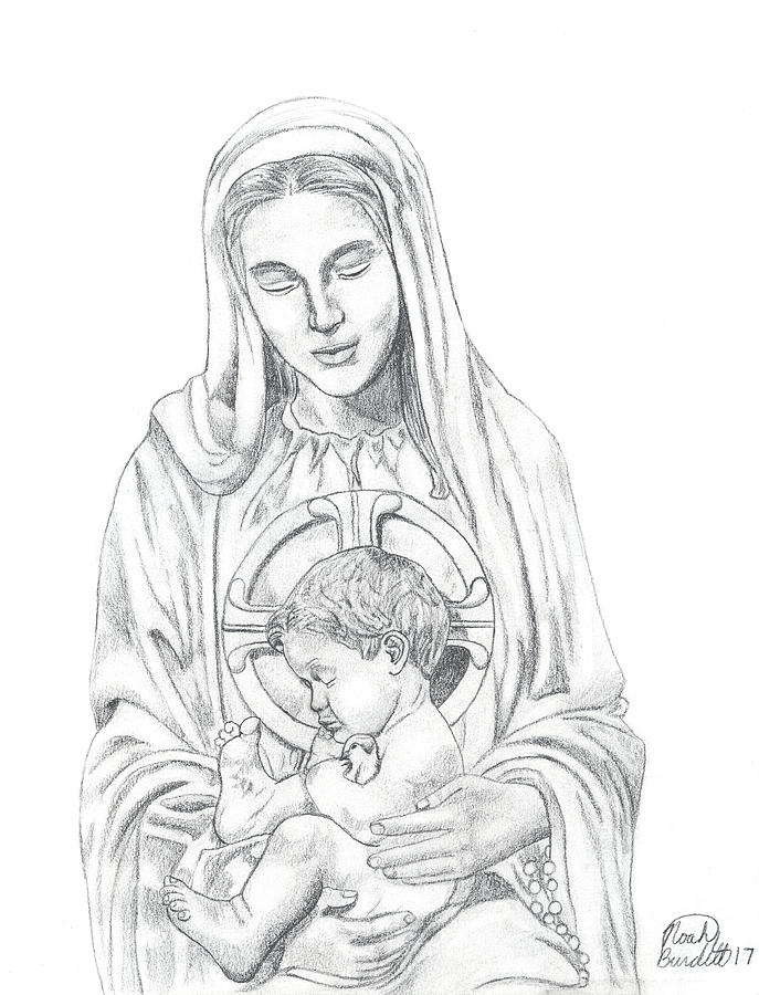 Christmas Drawing - Mary and Christ Child #1 by Noah Burdett