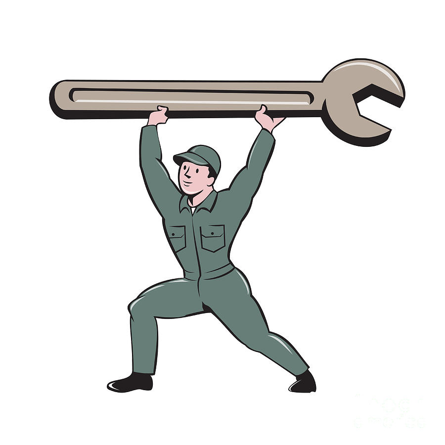 Mechanic Lifting Spanner Wrench Cartoon Digital Art by Aloysius Patrimonio