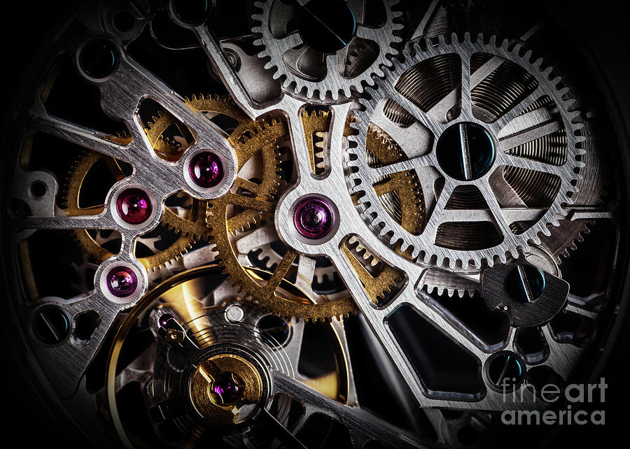 Mechanism, clockwork of a watch with jewels, close-up. Vintage luxury #1 Photograph by Michal Bednarek