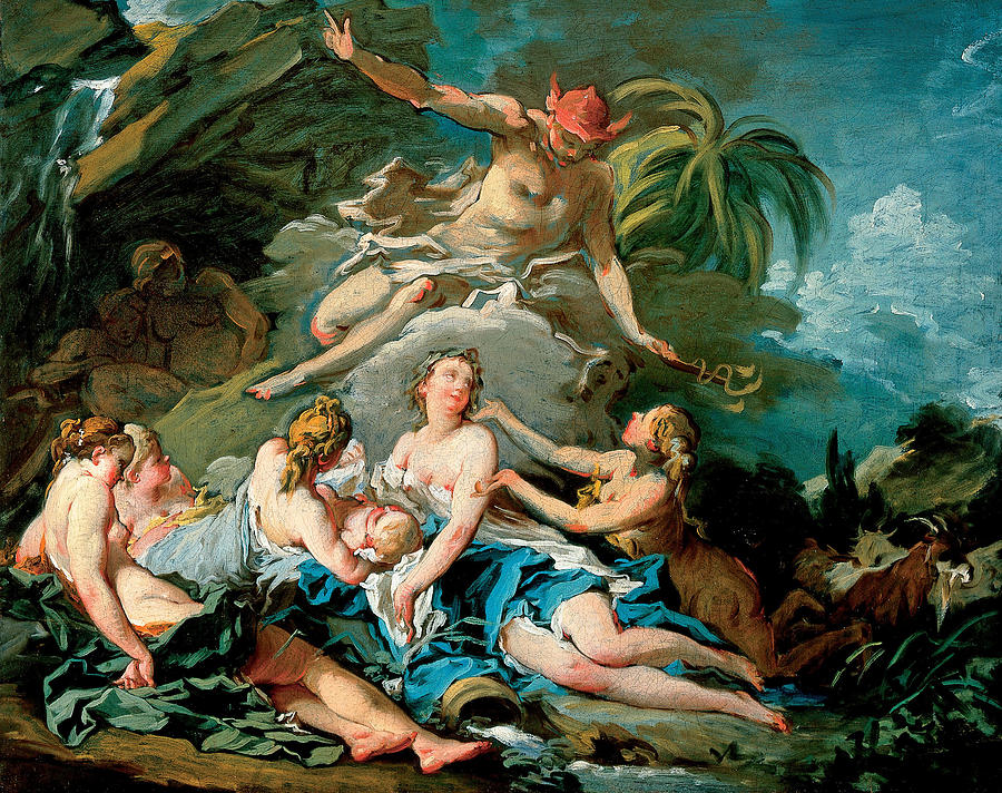 Mercury Entrusting the Infant Bacchus to the Nymphs of Nysa #1 Painting by Francois Boucher