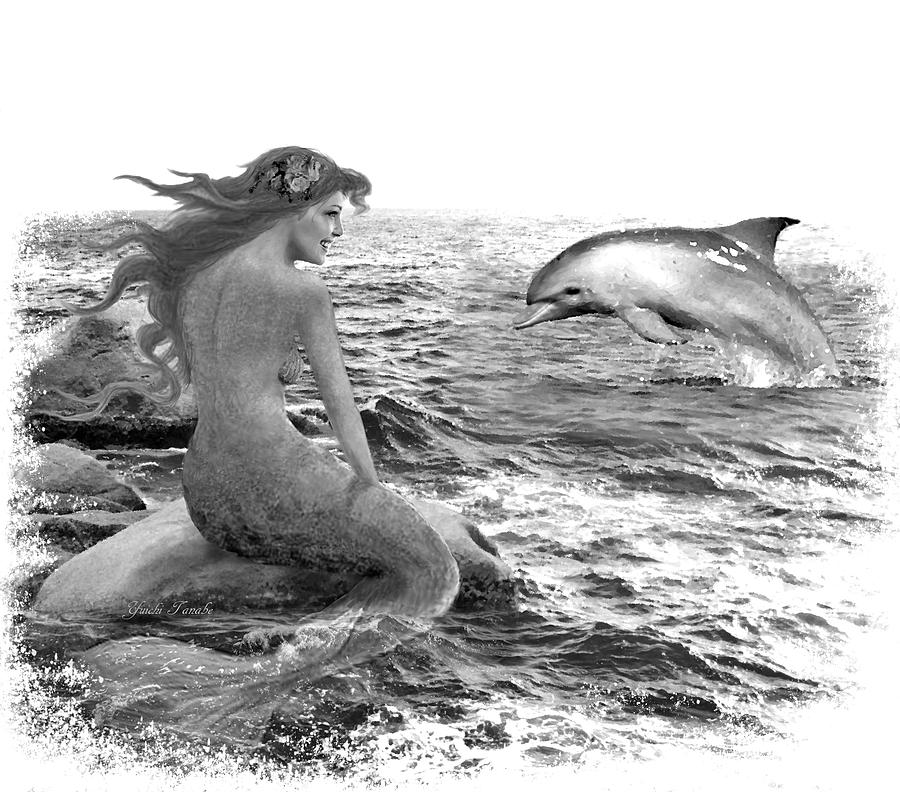 Mermaid and Dolphin B And W Digital Art by Yuichi Tanabe