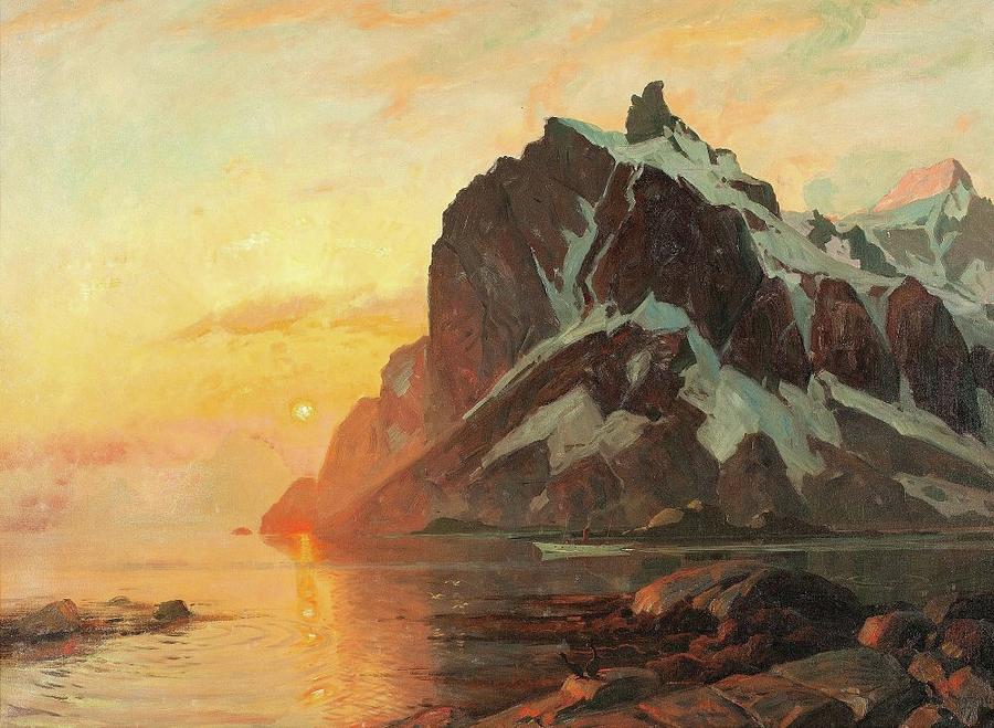 Evening Painting - Midnattsol Lofoten #1 by Thorolf Holmboe