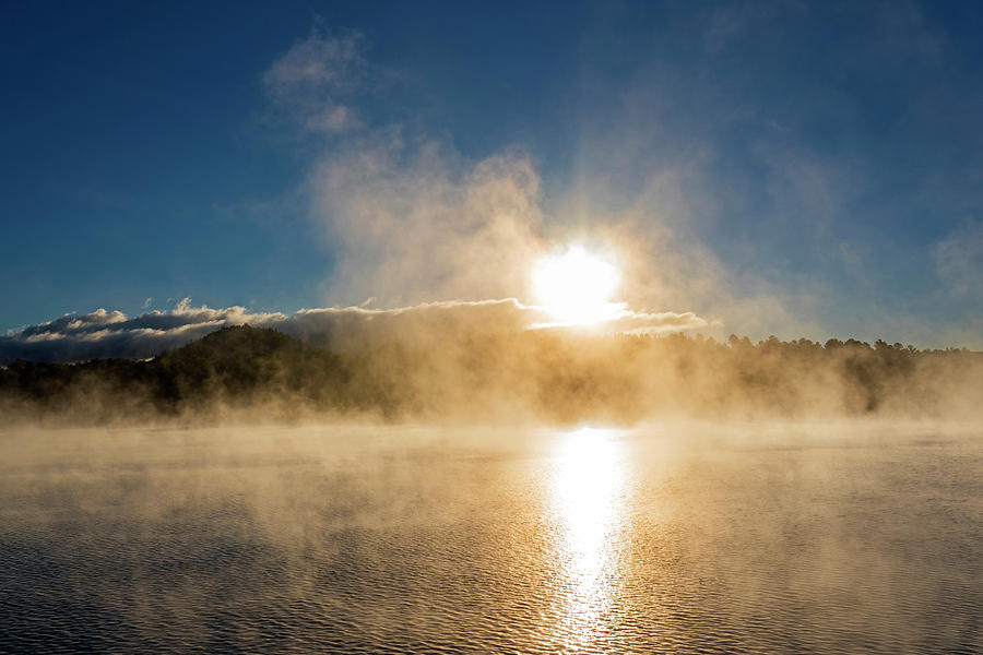 Misty morning on Mirror Lake in Lake Placid Adirondacks Sunrise #2 Photograph by Toby McGuire