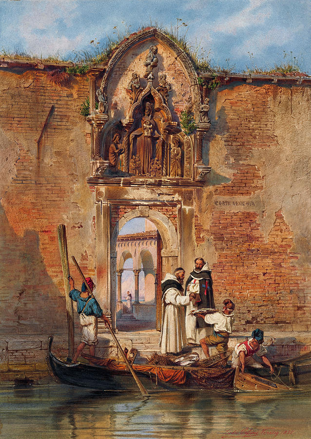  Monks Buying Fish before the Portal of the Madonna della Misericordia #2 Painting by Ludwig Johann Passini