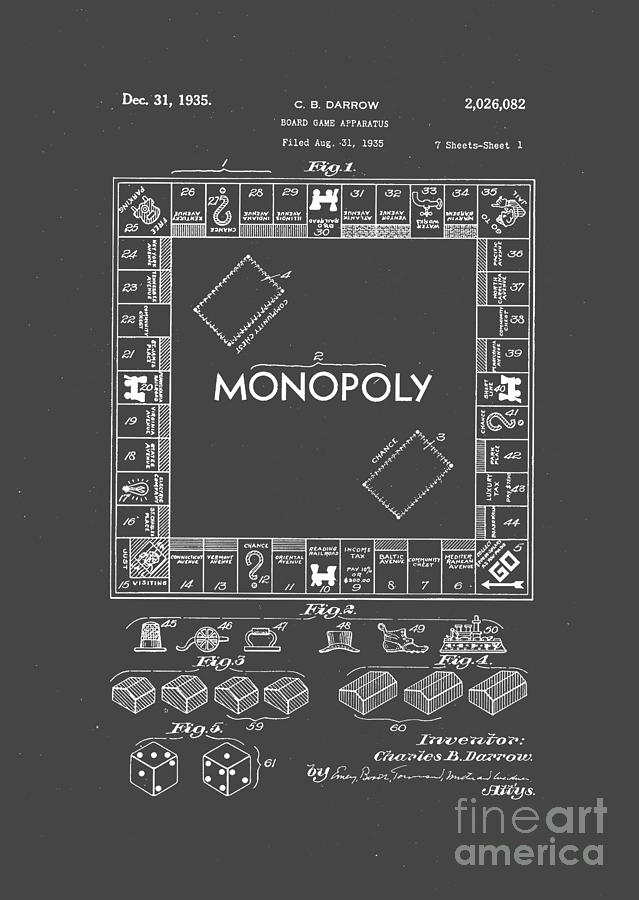 Monopoly Original Patent Art Drawing T-shirt #1 Drawing by Edward Fielding