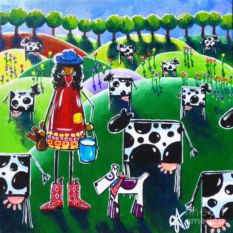 Moo Cow Farm Cows Dairy Farmers Ranch Flowers Trees Holsteins Dog Boots Bucket Jackie Carpenter Painting by Jackie Carpenter