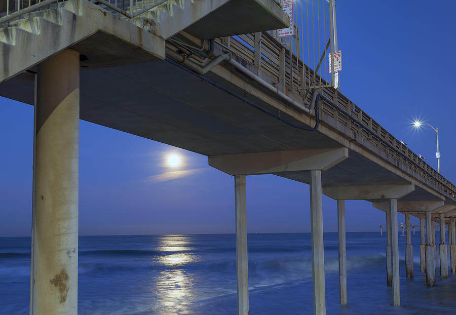 Moon Between The Pilings Ocean Beach Pier Photograph by Joseph S Giacalone