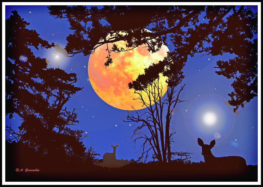 Moonlight Fantasy Forest with Deer Silhouettes #1 Digital Art by A Macarthur Gurmankin