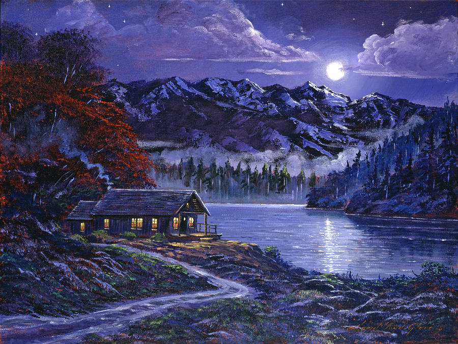 Moonlit Cabin #1 Painting by David Lloyd Glover