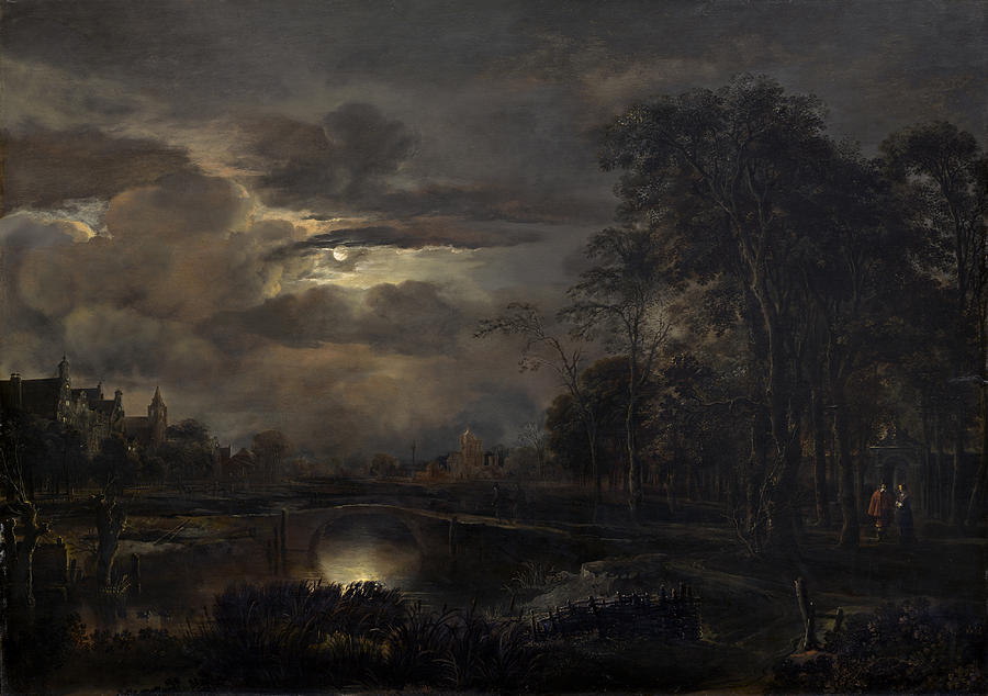Moonlit Landscape With Bridge #1 Painting by Aert Van Der Neer