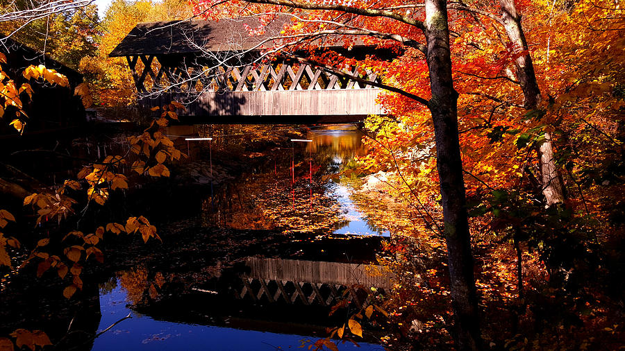 Morning autumn glow on Keniston covered bridge #2 Digital Art by Jeff Folger