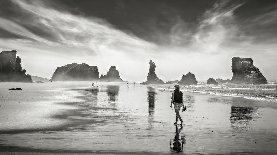 Black And White Photograph - Morning walk at the beach #1 by Eduard Moldoveanu