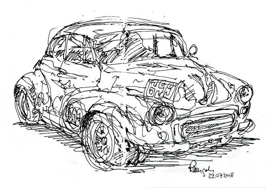 Car Drawing - Morris Minor Classic Car Ink Drawing #1 by Frank Ramspott