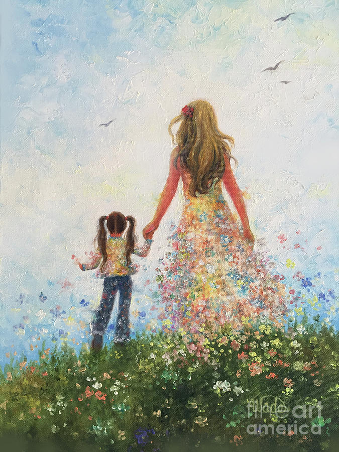 Brunette Girl Painting - Mother and Daughter in Flowers #1 by Vickie Wade