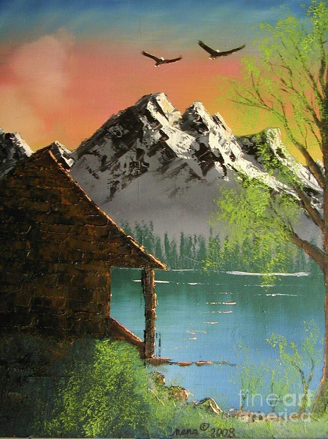 Mountain Lake Cabin w Eagles #2 Painting by Marianne NANA Betts