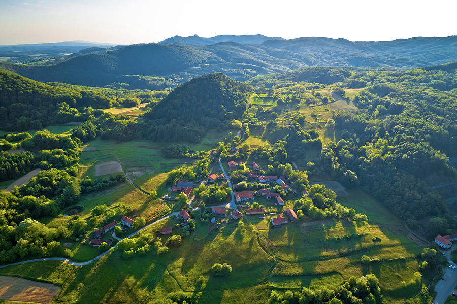 Mountain village of Apatovec sunset aerial view #1 Photograph by Brch Photography