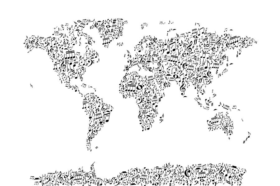 World Map Digital Art - Music Notes Map of the World #1 by Michael Tompsett