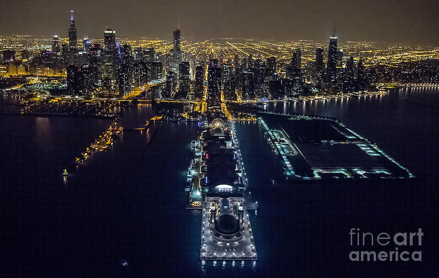 Navy Pier in Chicago Aerial Photo at Night #1 Photograph by David Oppenheimer