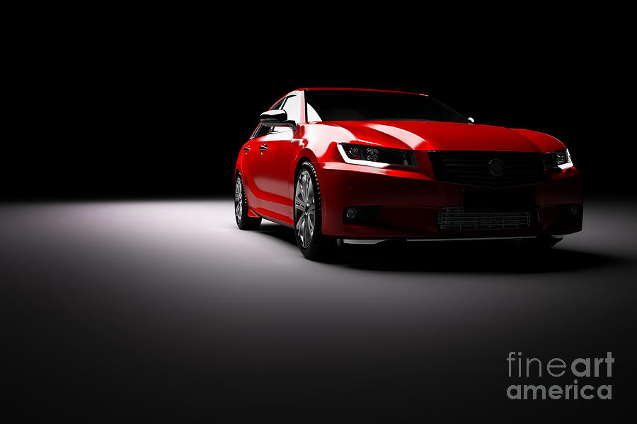 New red metallic sedan car in spotlight. Modern desing, brandless. #1 Photograph by Michal Bednarek