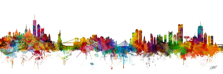 Boston Digital Art - New York And Boston Skyline Mashup #1 by Michael Tompsett