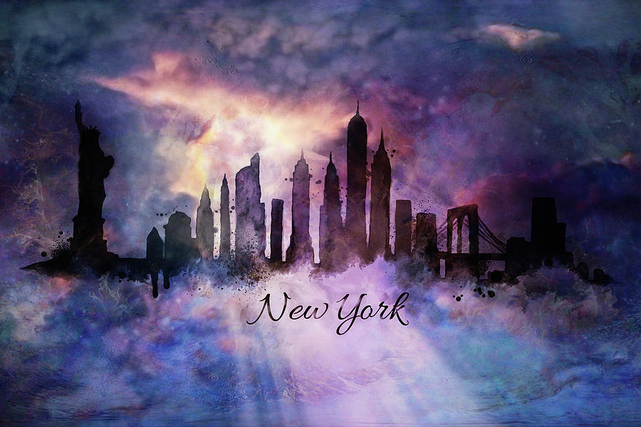 New york city skyline in the clouds Painting by Lilia D