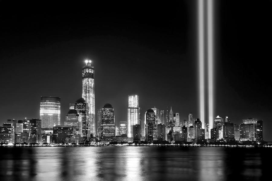 New York City Skyline Photograph - New York City Skyline Tribute in Lights and Lower Manhattan at Night NYC #1 by Jon Holiday
