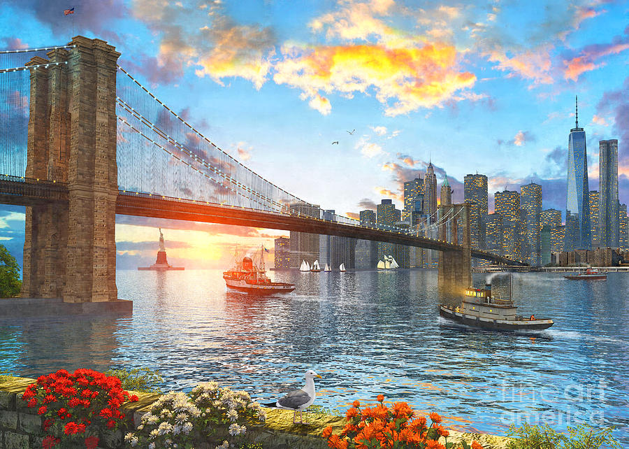 Brooklyn Bridge Digital Art - New York Sunset #1 by MGL Meiklejohn Graphics Licensing