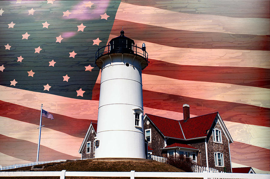 Nobska lighthouse on American flag #2 Photograph by Jeff Folger