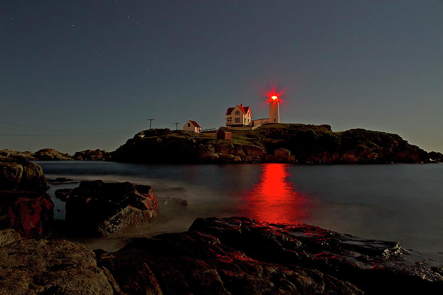 Nubble Lighthouse Lit by the Full Moon #1 Photograph by John Vose