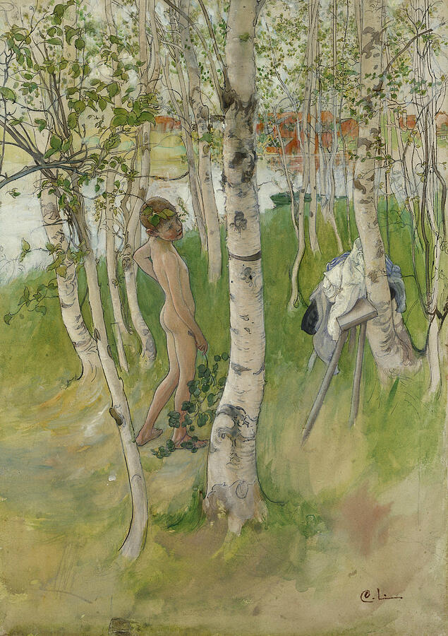 Nude Boy among Birches, by 1919 Painting by Carl Larsson