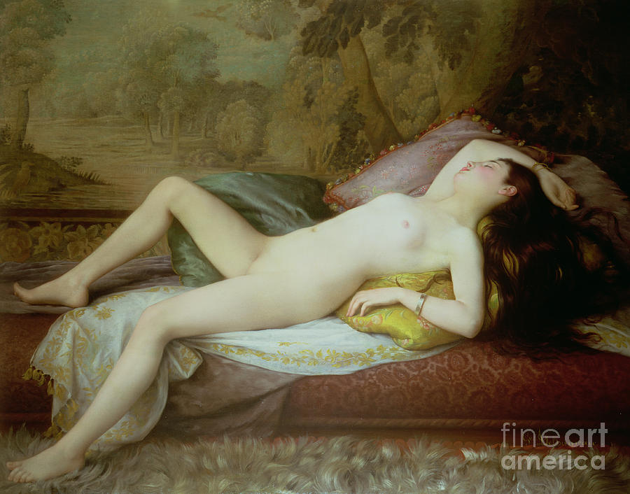 Nude lying on a chaise longue Painting by Gustave-Henri-Eugene Delhumeau