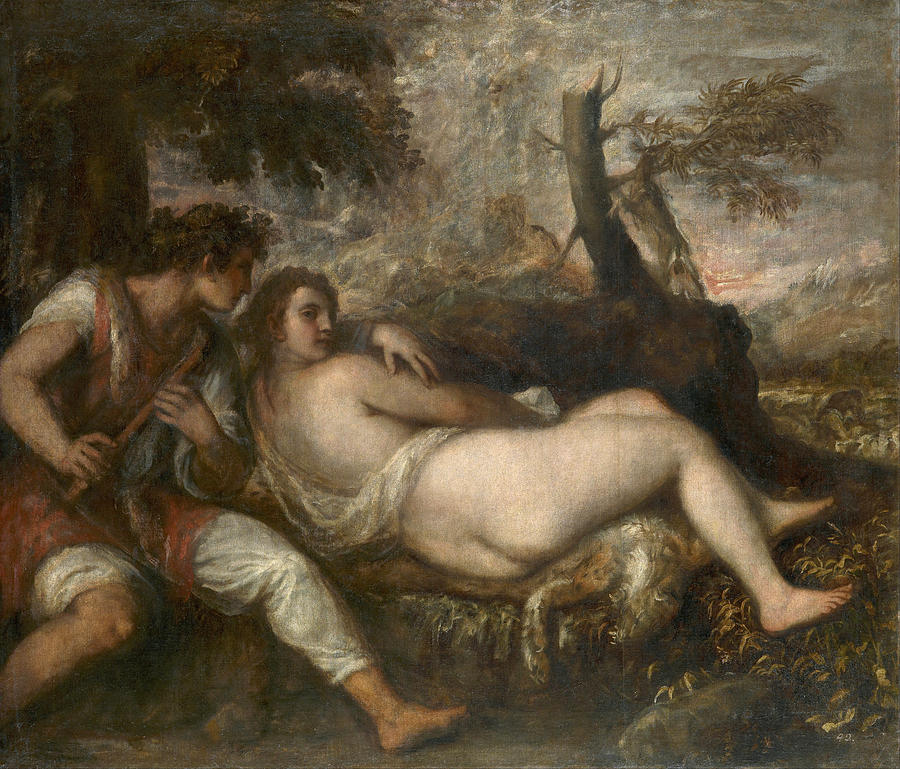 Nymph and Shepherd Painting by Titian
